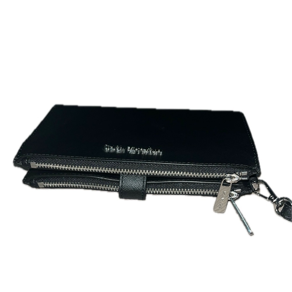Michael Kors Black Leather Jet Set Double Zip Wallet Wristlet Silver-Tone Accent
